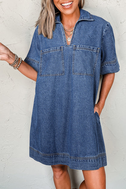 Blue Short Sleeve Collared Patched Pocket Denim Mini Dress.