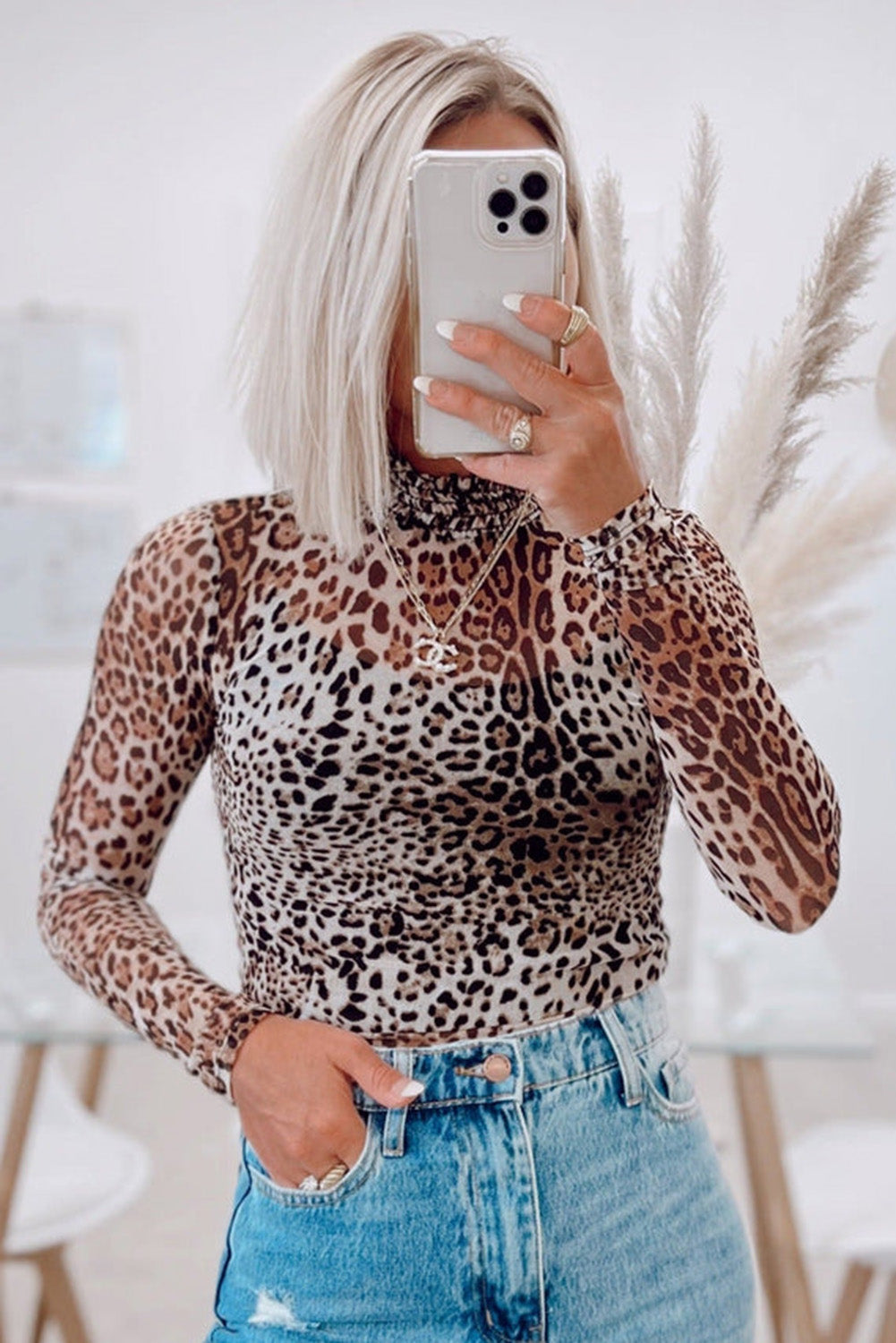 Brown Leopard Smocked Neck Mesh Long Sleeve Bodysuit.