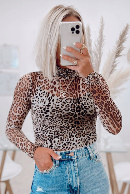 Brown Leopard Smocked Neck Mesh Long Sleeve Bodysuit.