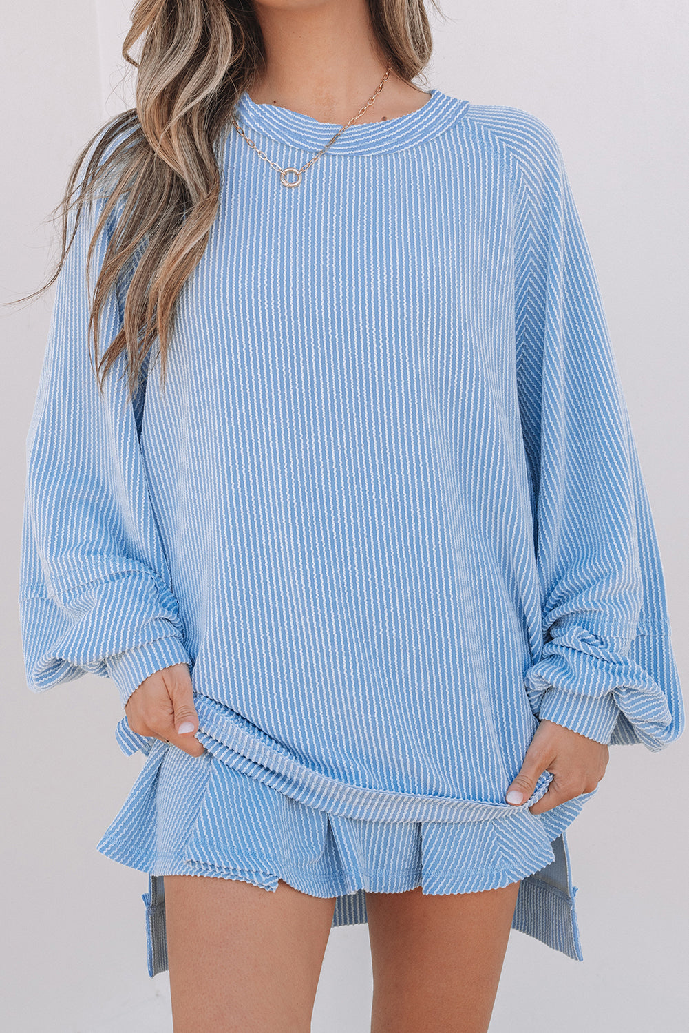 Sky Blue Corded Lantern Sleeve Top High Waist Ruffled Mini Skirt Set.