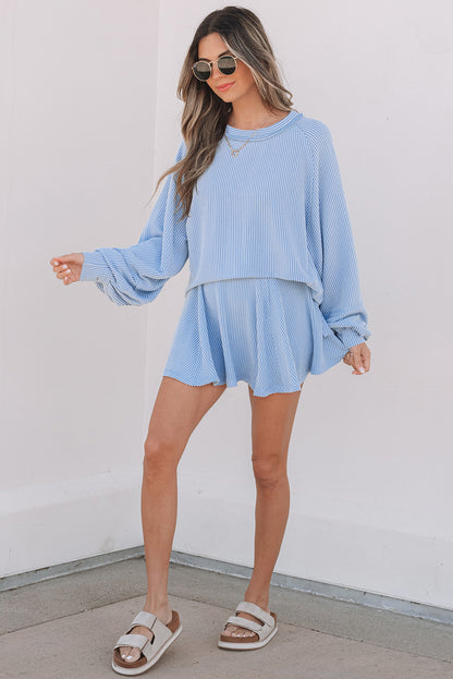 Sky Blue Corded Lantern Sleeve Top High Waist Ruffled Mini Skirt Set.