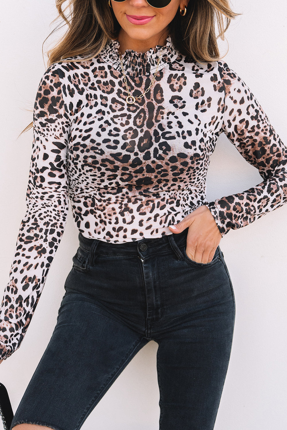 Brown Leopard Smocked Neck Mesh Long Sleeve Bodysuit.