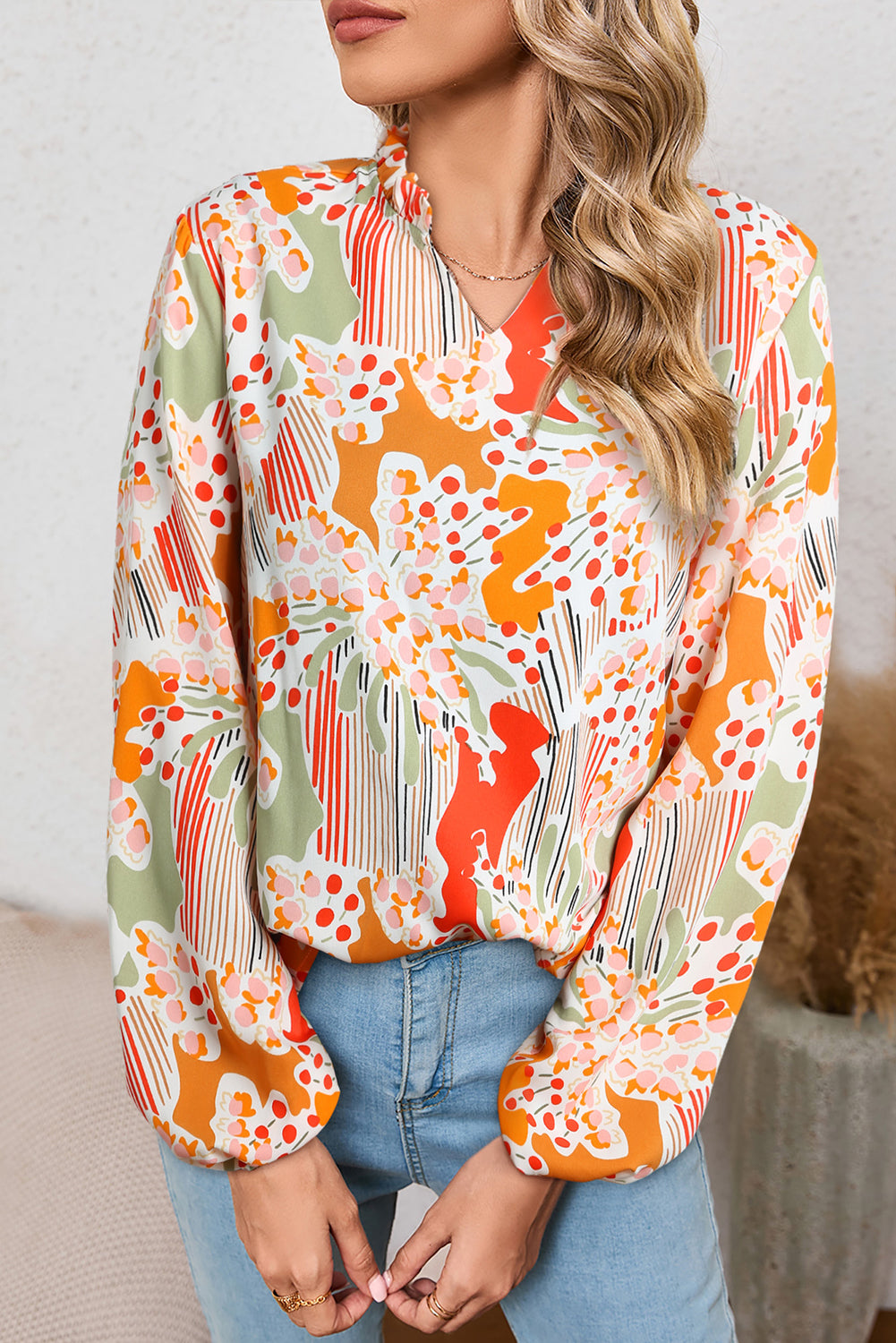 Orange Printed Split V Neck Puff Sleeve Blouse.