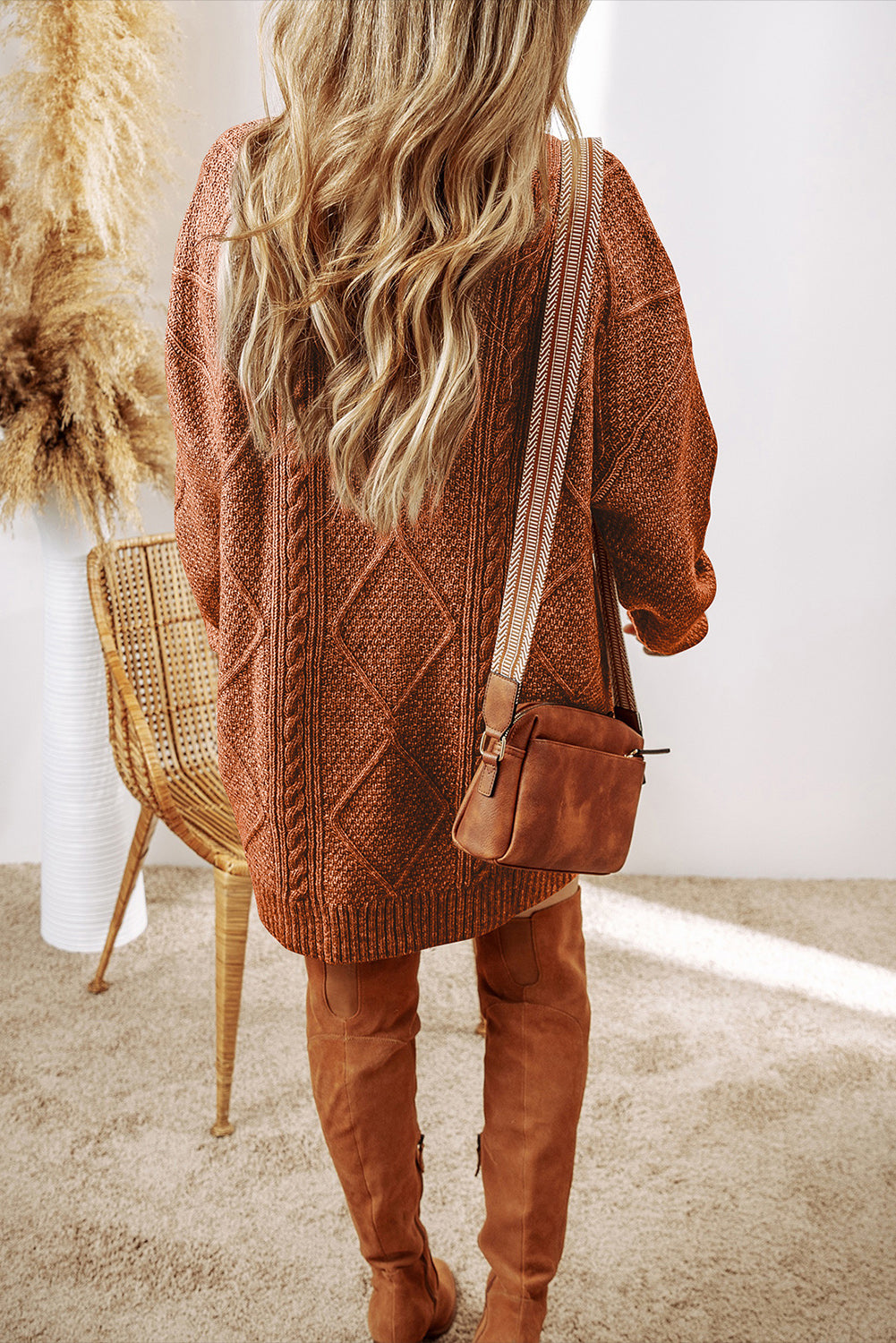 Coffee Cable Knit Drop Shoulder Loose Fit Sweater Dress.