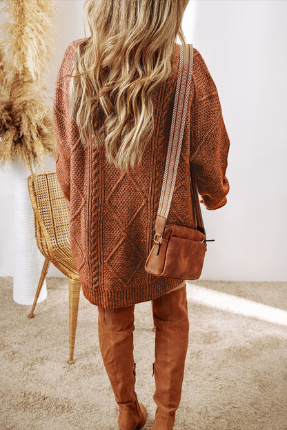 Coffee Cable Knit Drop Shoulder Loose Fit Sweater Dress.