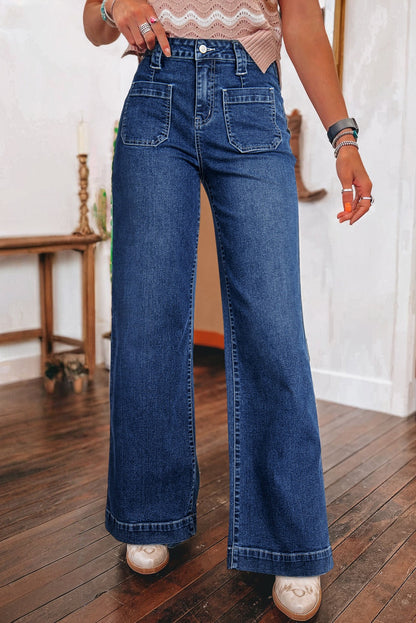 Sail Blue Wide Leg Pocketed High Waist Jeans.