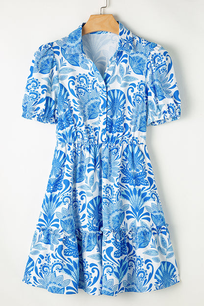 Sky Blue Retro Floral Print Drawstring Waist Ruffled Mini Dress.