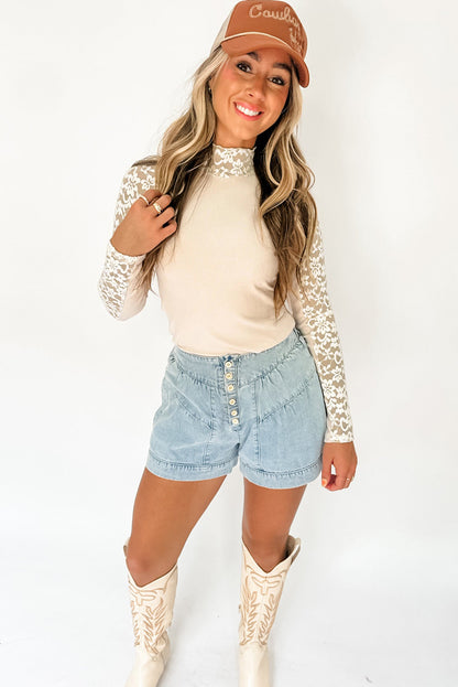 Beige Floral Lace Patchwork Long Sleeve High Neck Slim Top.