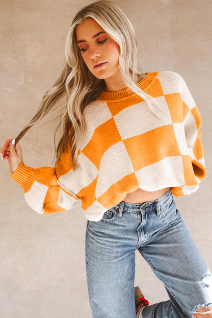 Orange Checkered Bishop Sleeve Sweater.