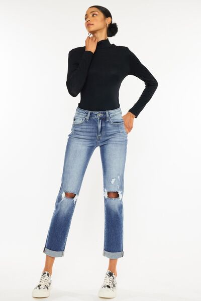 Kancan High Waist Distressed Hem Detail Cropped Straight Jeans.