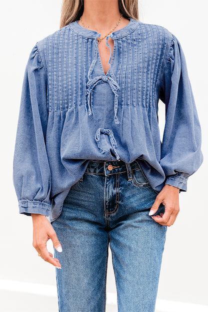 Myosotis Denim Front Pintuck Bow Tie Puff Sleeve Top.