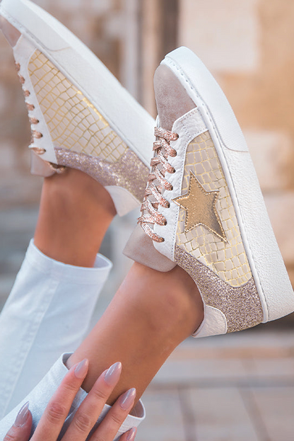 Gold Glitter Star Patchwork PU Leather Lace-up Sneakers.