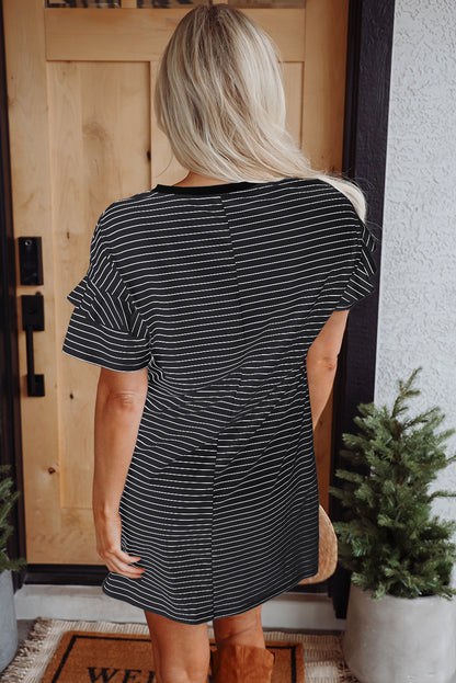 Black Stripe Ruffled Short Sleeve Crew Neck T Shirt Shift Mini Dress.