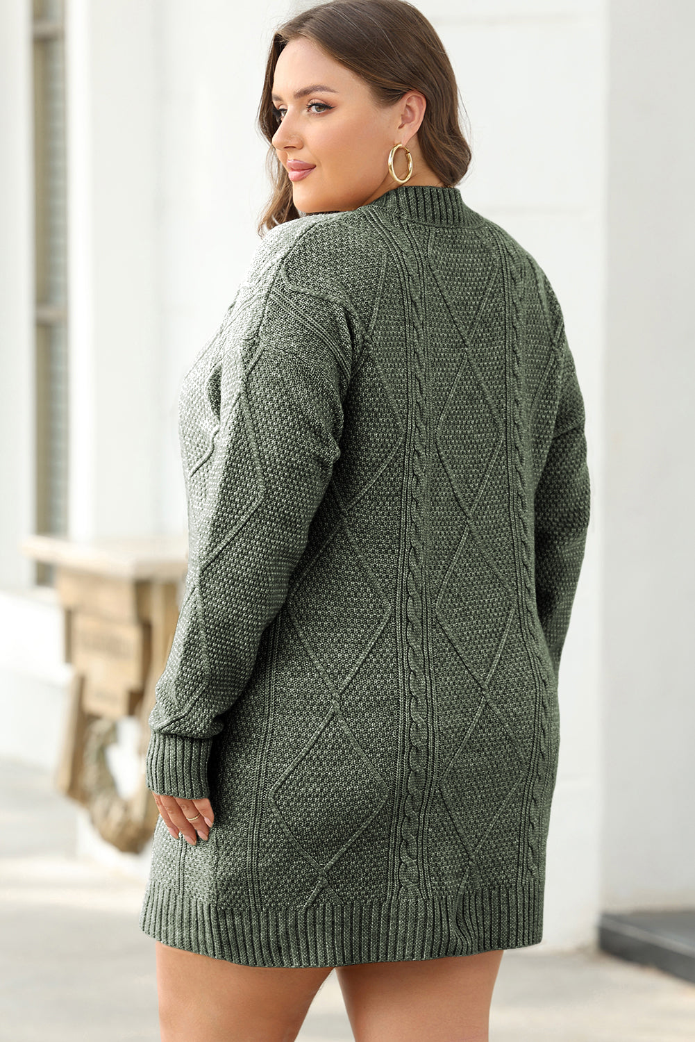 Mist Green Cable Knit Drop Shoulder Loose Fit Sweater Dress.