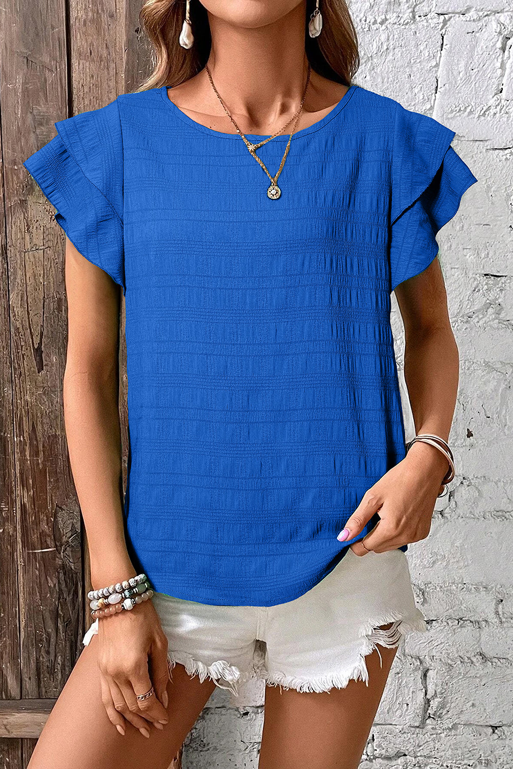 Dark Blue Textured Ruffled Sleeve Round Neck Top.