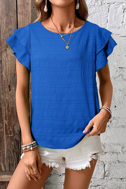 Dark Blue Textured Ruffled Sleeve Round Neck Top.
