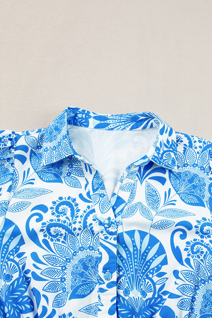 Sky Blue Retro Floral Print Drawstring Waist Ruffled Mini Dress.