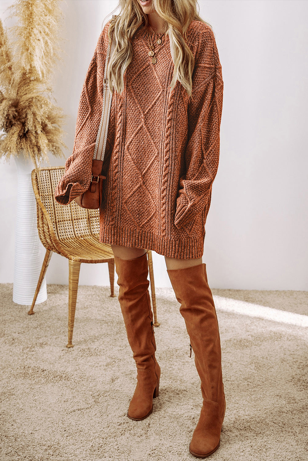 Coffee Cable Knit Drop Shoulder Loose Fit Sweater Dress.