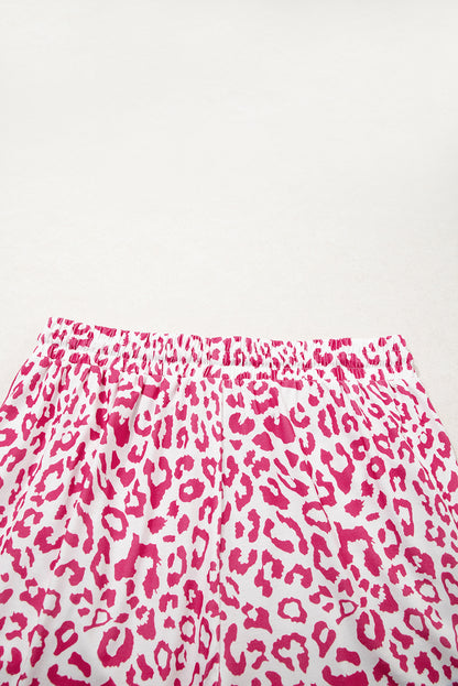 Pink Leopard Elastic Waistband Lace up Contrast Trim Casual Shorts.