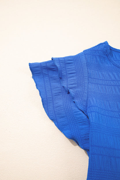 Dark Blue Textured Ruffled Sleeve Round Neck Top.