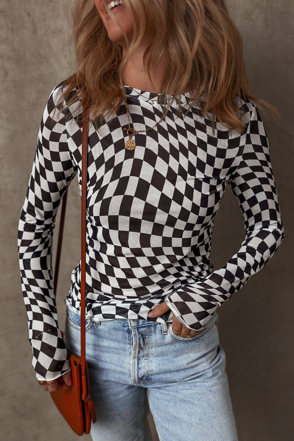 Black Checkered Pattern Mesh Mock Neck Long Sleeve Top.
