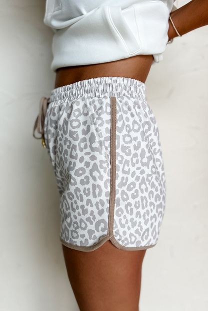 White Leopard Elastic Waistband Lace up Contrast Trim Casual Shorts.