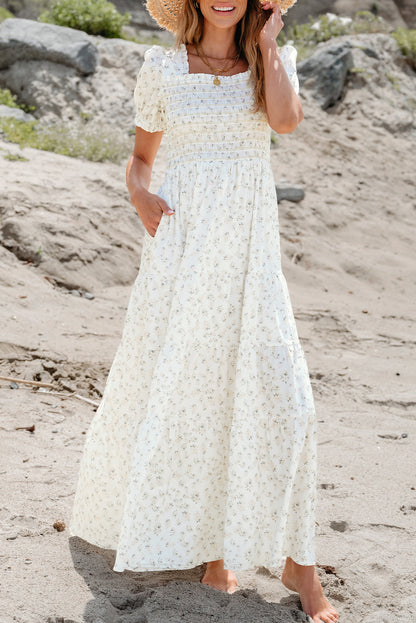 White Frilly Shirred Bodice Tiered Floral Maxi Dress.