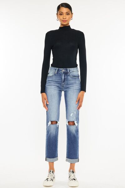Kancan High Waist Distressed Hem Detail Cropped Straight Jeans.