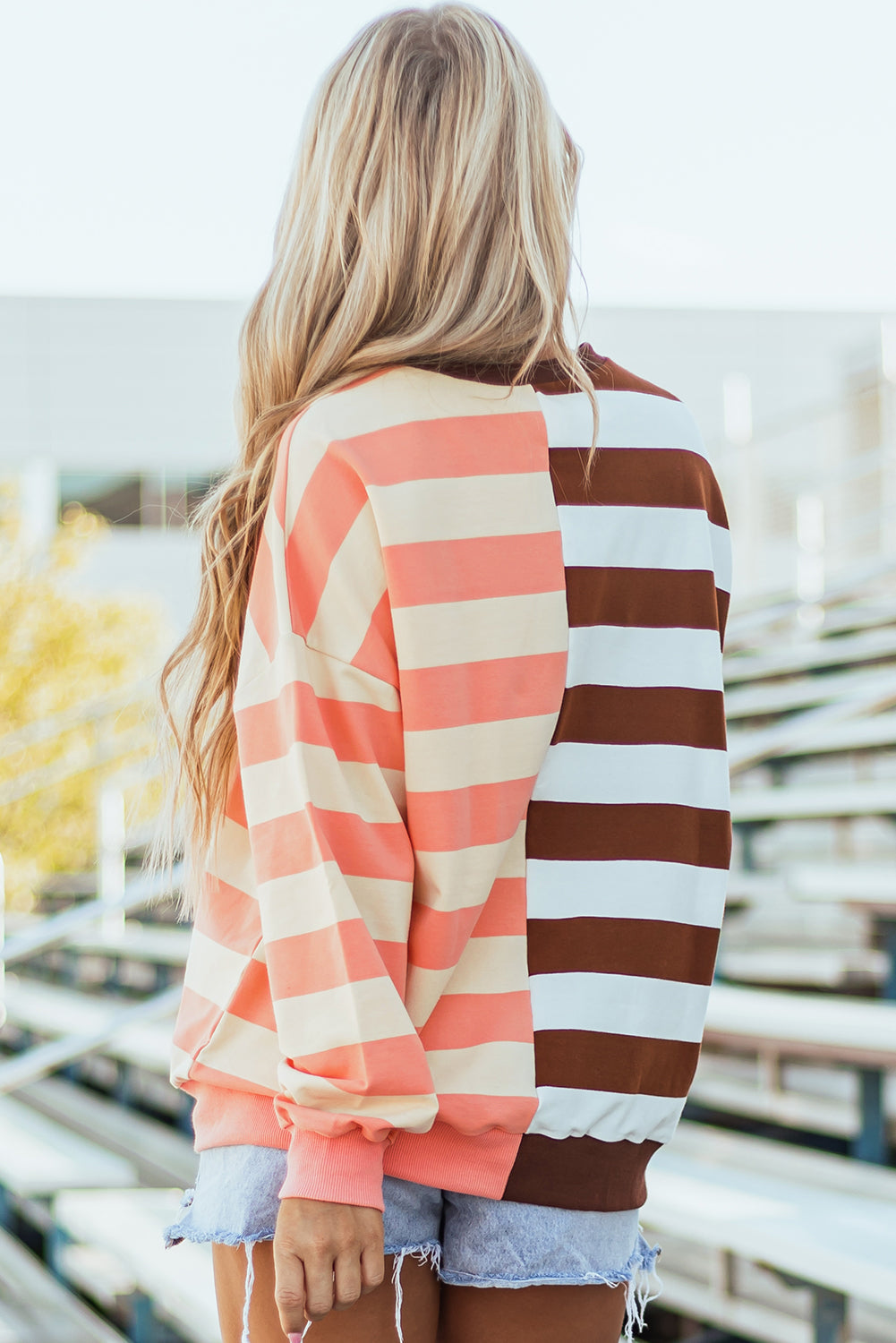 Brown Stripe Color Block Drop Shoulder Pullover Sweatshirt.