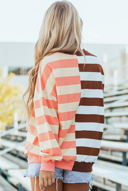 Brown Stripe Color Block Drop Shoulder Pullover Sweatshirt.