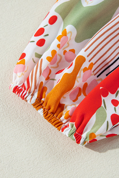 Orange Printed Split V Neck Puff Sleeve Blouse.