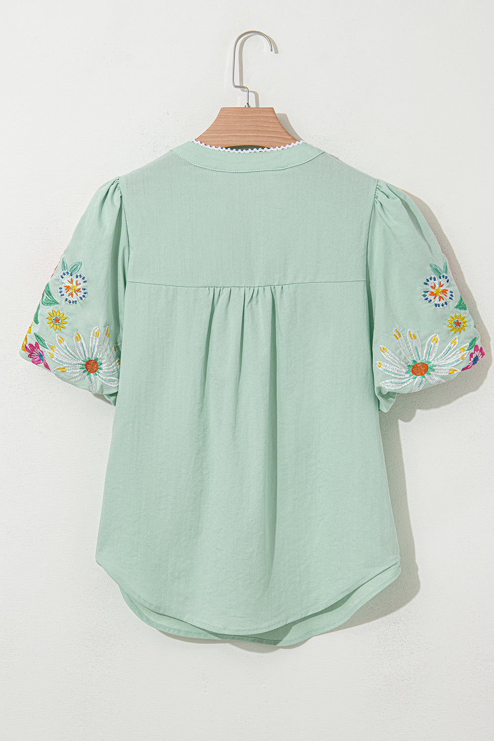 Clearly Aqua Floral Embroidered Puff Sleeve Split Neck Blouse.