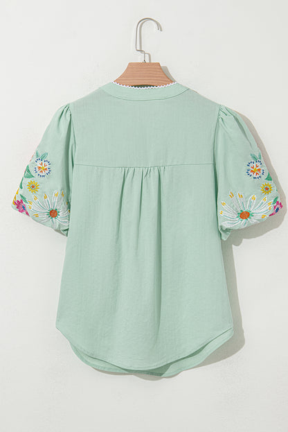 Clearly Aqua Floral Embroidered Puff Sleeve Split Neck Blouse.
