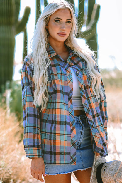 Orange Plaid Print Loose Vintage Shirt.