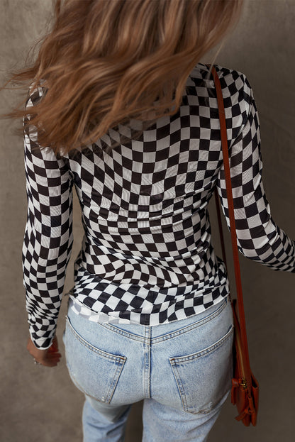 Black Checkered Pattern Mesh Mock Neck Long Sleeve Top.