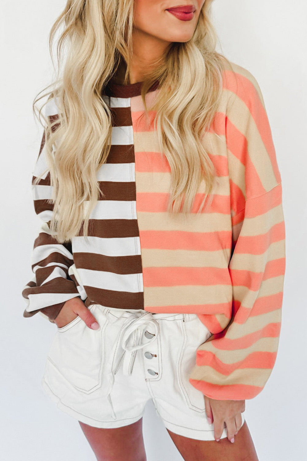 Brown Stripe Color Block Drop Shoulder Pullover Sweatshirt.
