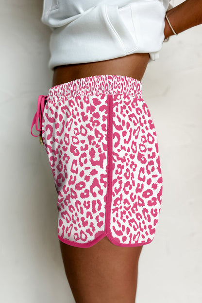 Pink Leopard Elastic Waistband Lace up Contrast Trim Casual Shorts.