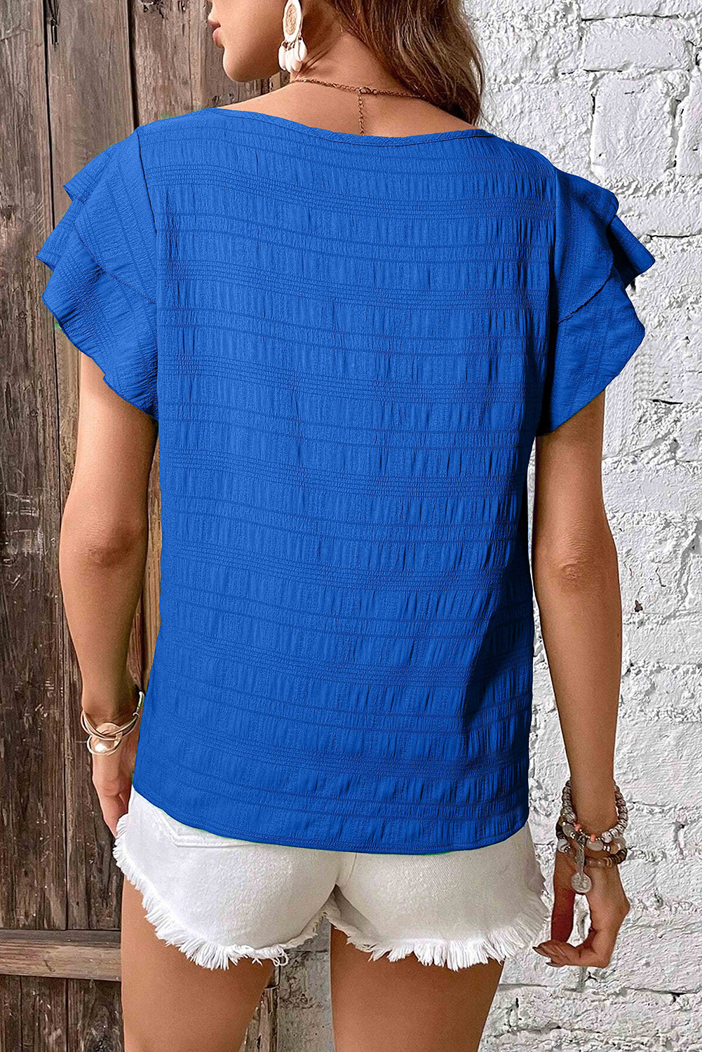 Dark Blue Textured Ruffled Sleeve Round Neck Top.