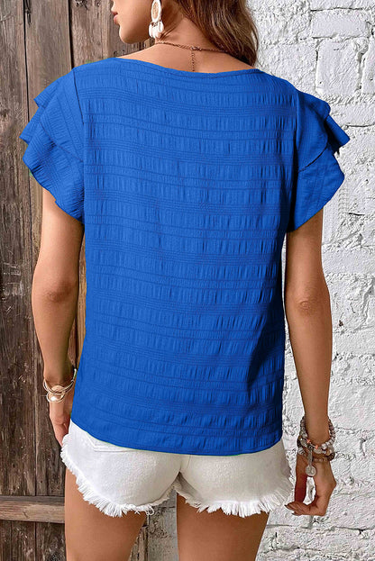 Dark Blue Textured Ruffled Sleeve Round Neck Top.