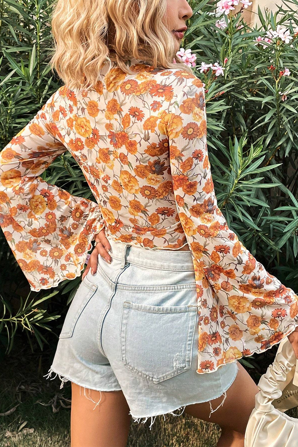 Orange Floral Printed Bell Sleeve Mock Neck Scallop Trim Blouse.