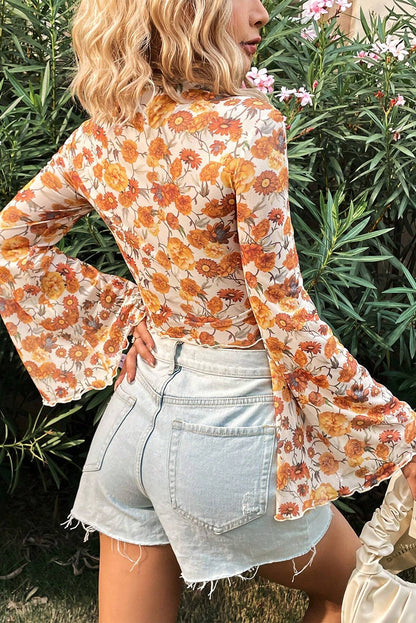 Orange Floral Printed Bell Sleeve Mock Neck Scallop Trim Blouse.