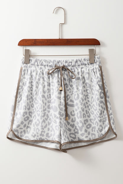 White Leopard Elastic Waistband Lace up Contrast Trim Casual Shorts.