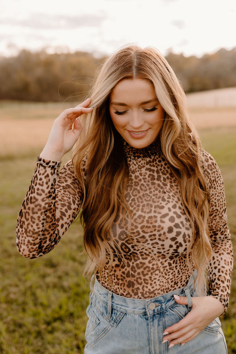 Brown Leopard Smocked Neck Mesh Long Sleeve Bodysuit.