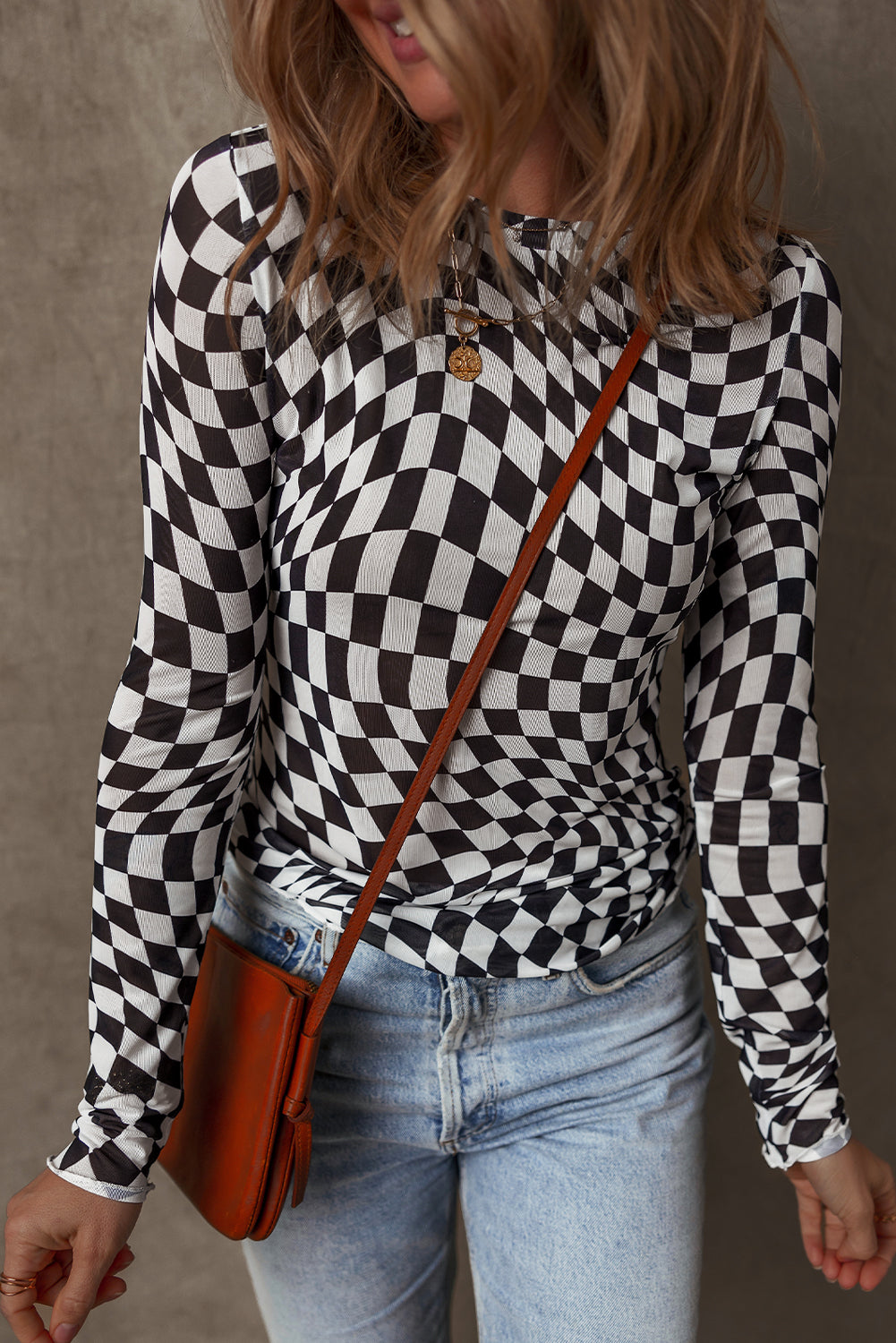 Black Checkered Pattern Mesh Mock Neck Long Sleeve Top.