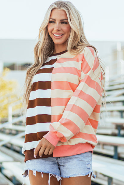 Brown Stripe Color Block Drop Shoulder Pullover Sweatshirt.