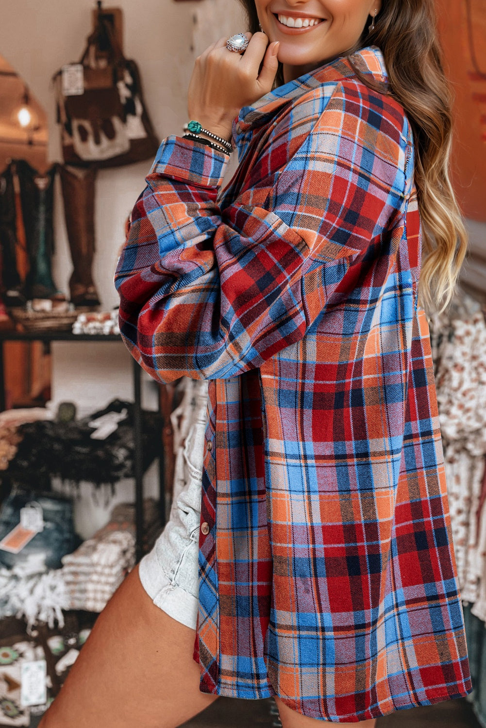 Red Plaid Print Loose Vintage Shirt.