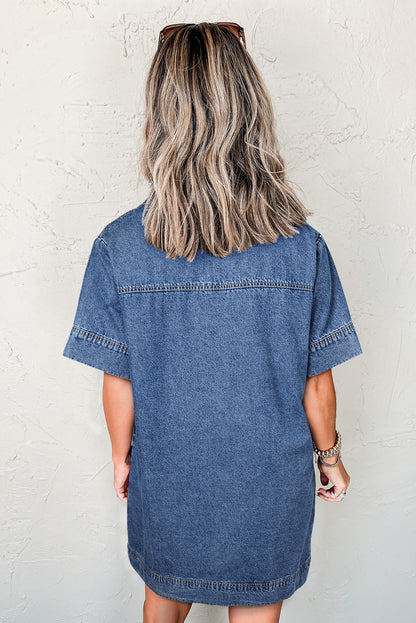 Blue Short Sleeve Collared Patched Pocket Denim Mini Dress.