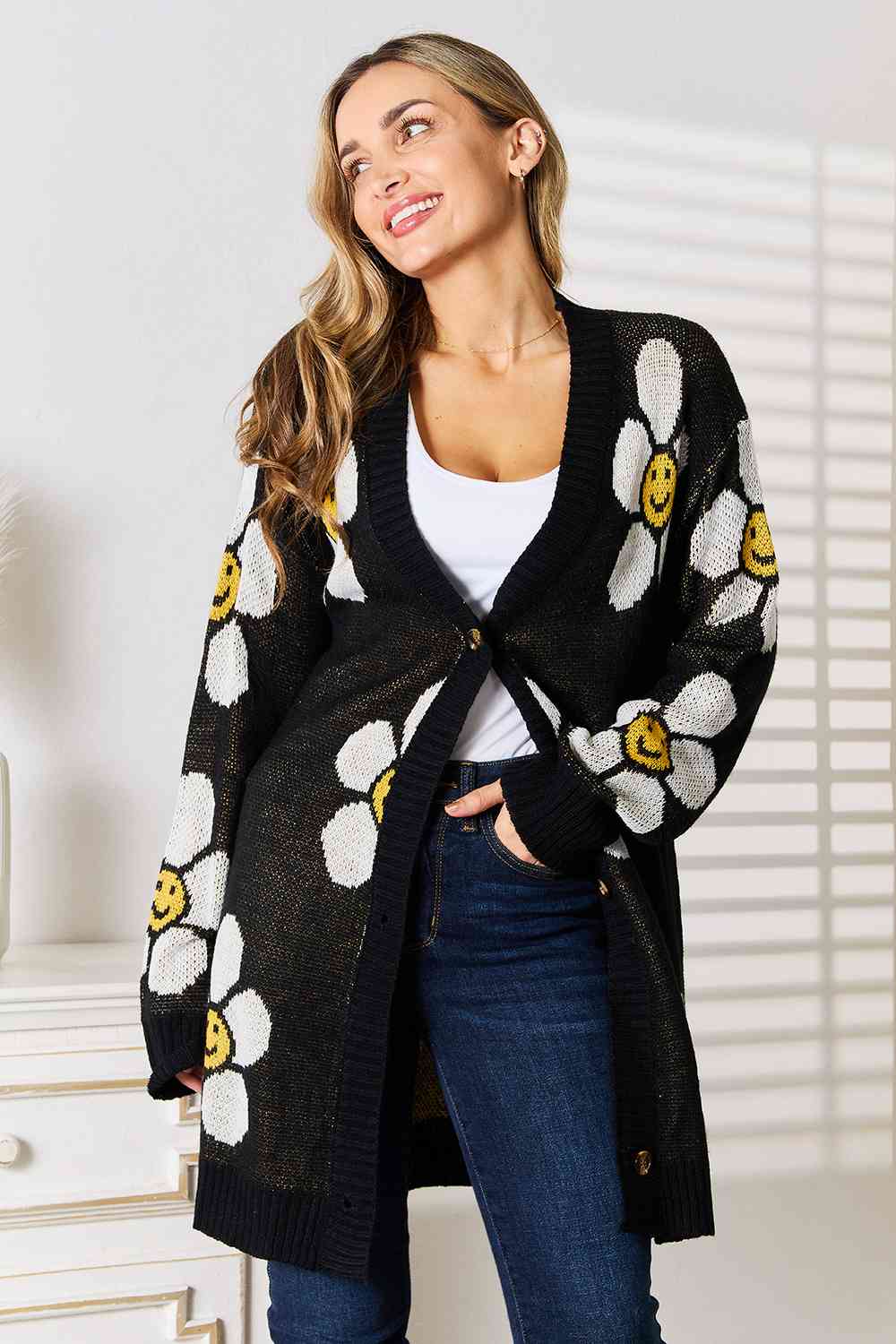 Double Take Floral Button Down Longline Cardigan.