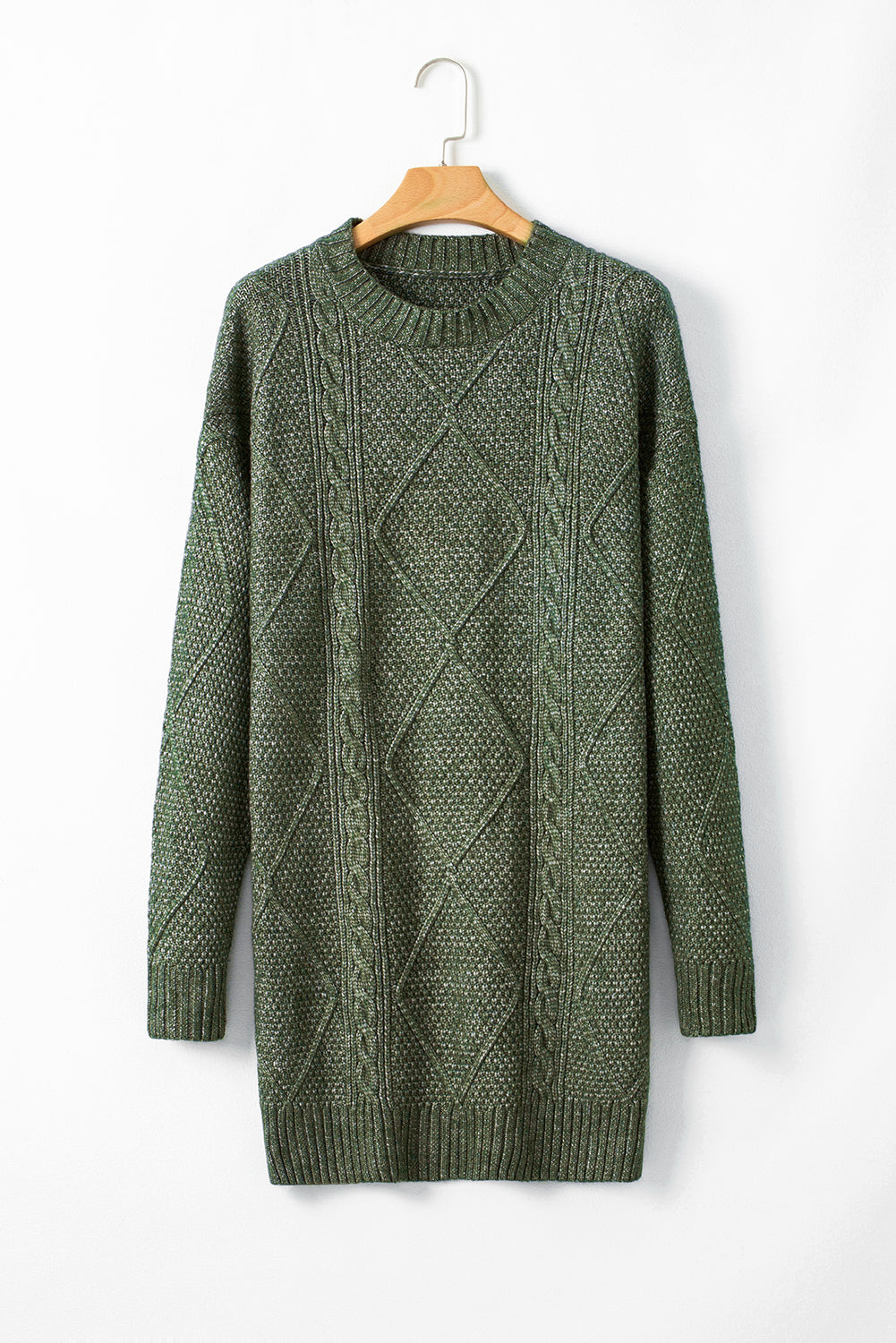Mist Green Cable Knit Drop Shoulder Loose Fit Sweater Dress.