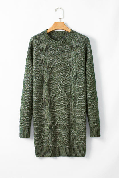 Mist Green Cable Knit Drop Shoulder Loose Fit Sweater Dress.